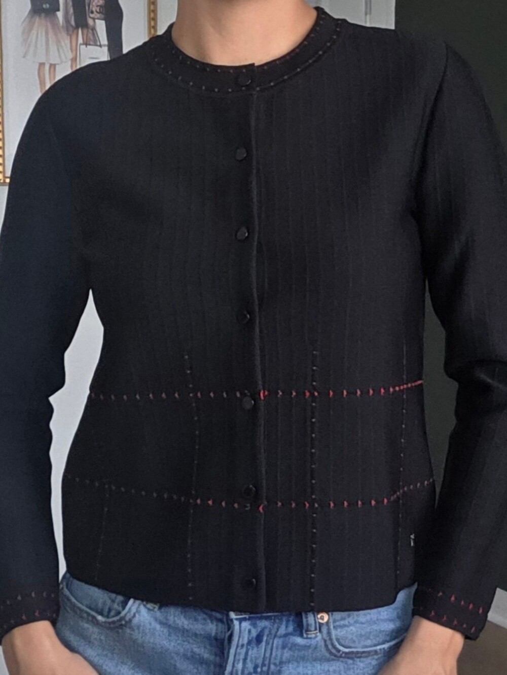 Carolina Herrera Knit Cardigan Jacket, Black And Red, Size XS, Button Down